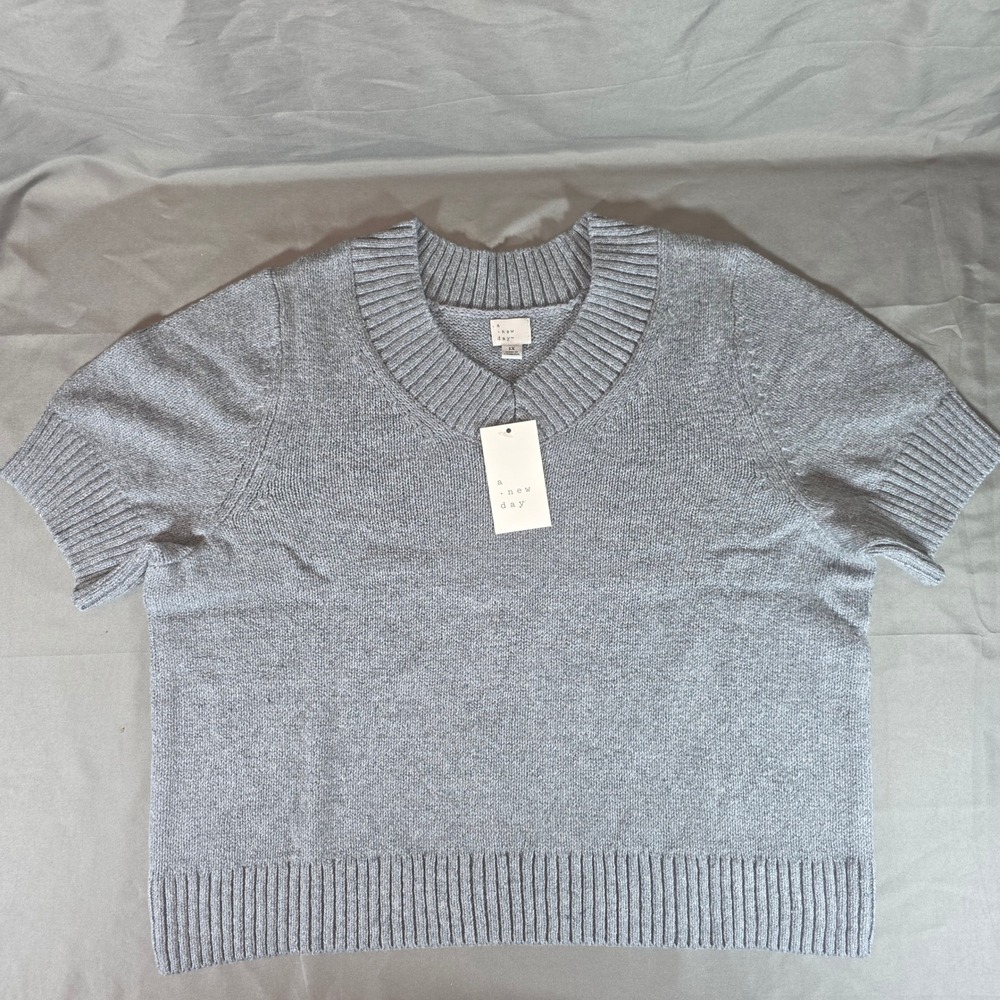 A New Day Women 1X Heather Gray Short Sleeve Knit Sweater 018 14 4274